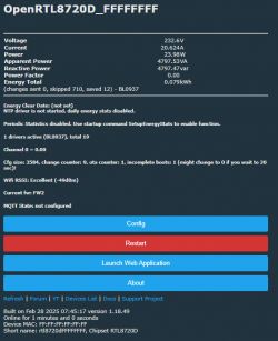 Screenshot of the OpenRTL8720D interface with energy and status data.