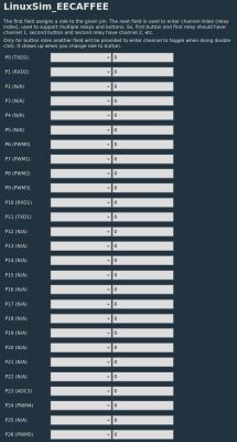 Screenshot of LinuxSim_EECAFFEE showing pins P0–P26 with dropdown role fields and channel index inputs