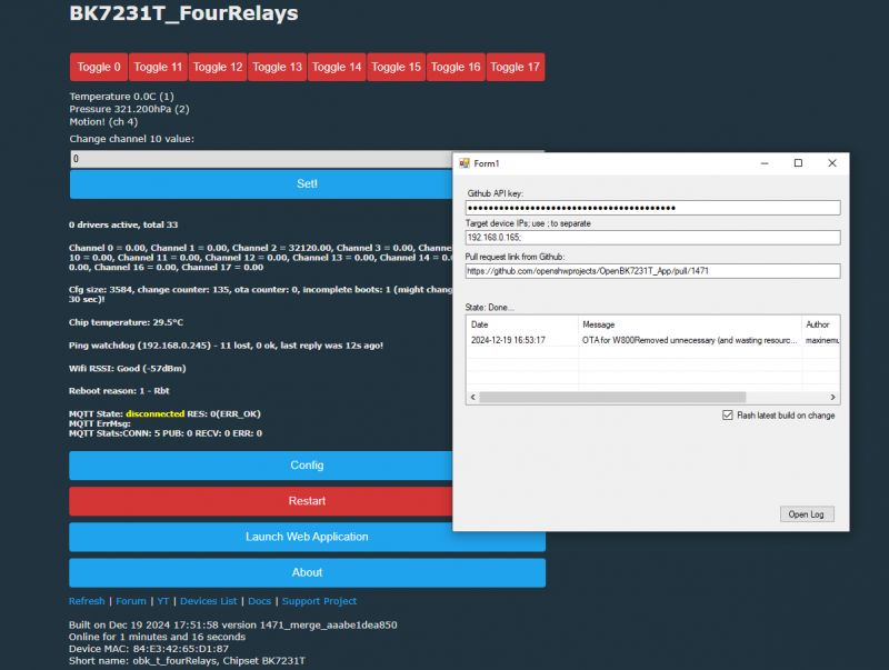 Screenshot of the user interface for BK7231T device settings and Form1 application window.