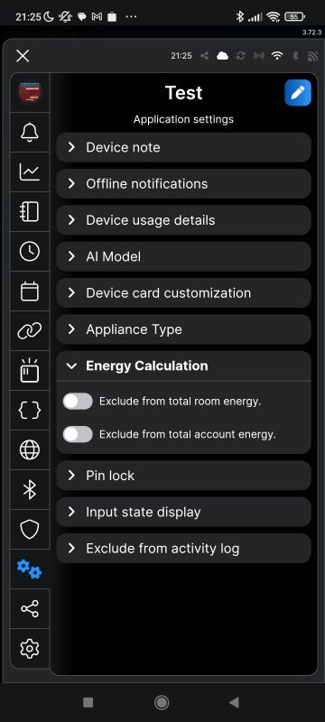 Shelly app settings panel showing device options and energy tracking toggles