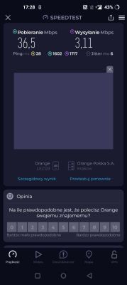 Zrzut ekranu z aplikacji Speedtest pokazujący wyniki testu prędkości internetu mobilnego Orange: pobieranie 36,5 Mbps, wysyłanie 3,11 Mbps, ping 28 ms.