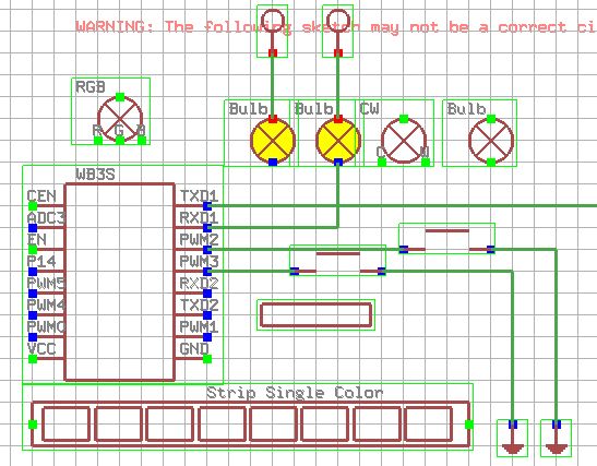 Connection diagram in OpenBeken IoT simulator with bulbs and LED strips.