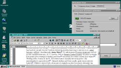 Pulpit Windows NT 4.0 z otwartym Wordem i oknem właściwości ekranu