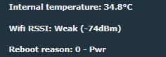 Display showing information about internal temperature sensors, Wi-Fi signal strength, and reboot reason.