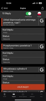 Zrzut ekranu z aplikacji diagnostycznej samochodu z błędami silnika.