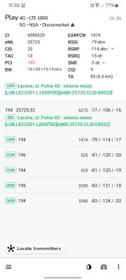 Zrzut ekranu z aplikacji monitorującej parametry sieci 4G LTE na telefonie.