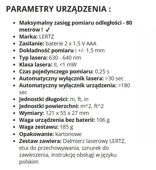 Parametry urządzenia dalmierza laserowego Lertz LZTS80.