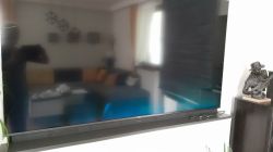 Telewizor TCL na szafce; na ekranie widoczne prześwity wzdłuż dolnej krawędzi i odbicie pokoju