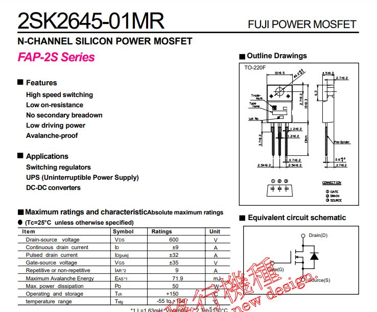 Karta katalogowa tranzystora MOSFET 2SK2645-01MR marki Fuji z rysunkami i specyfikacjami.