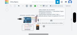 Schemat obwodu z Arduino Uno, przyciskami i diodami LED z opisami działania.