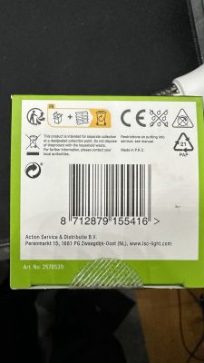 LSC/Action 2578539 Bulb Packaging Back of packaging with barcode and product information for LSC/Action 2578539 bulb.