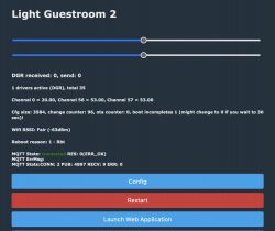 Screenshot of Light Guestroom 2 software settings with sliders, connection information, and buttons for configuration.