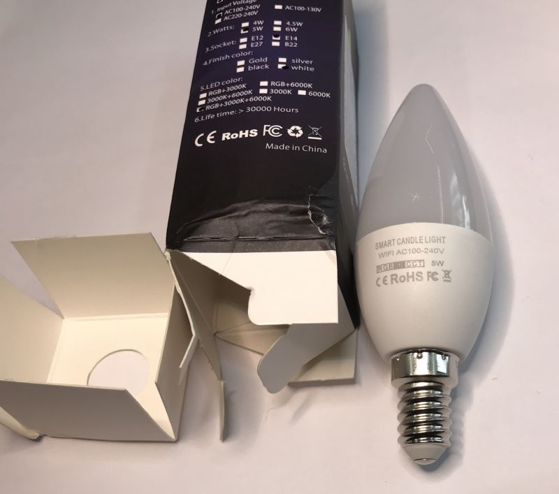 Smart Candle Light Bulb Smart candle light bulb and its packaging.