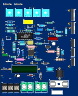 Widok płytki PCB w programie CAD z elementami THT, opisami R/C/D i listwą zaciskową U9 na dole