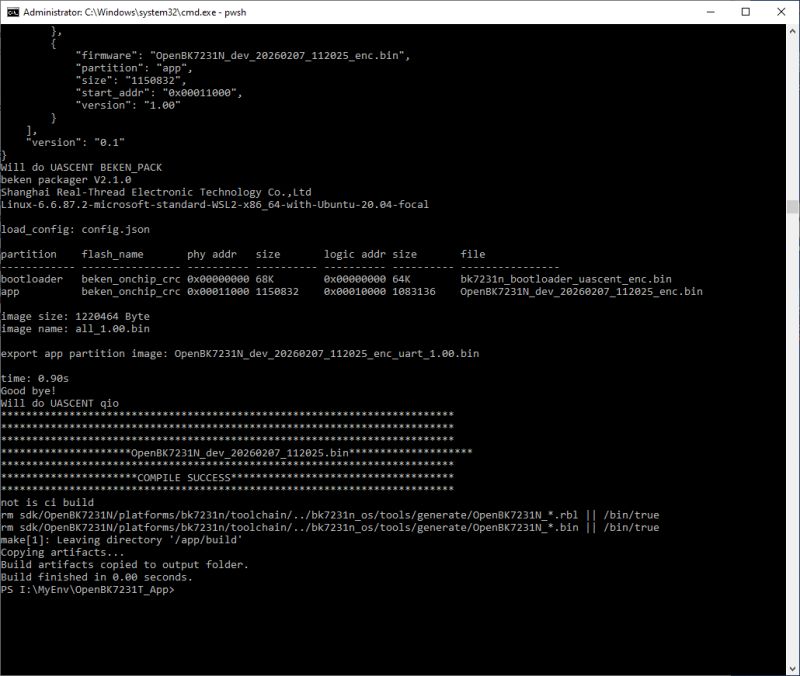 Windows cmd/PowerShell window showing OpenBK7231N firmware build log with “COMPILE SUCCESS”.