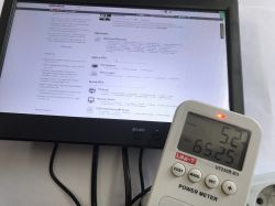 Small monitor showing elektroda.pl and a UNI-T power meter reading 5.2 W and 65.25