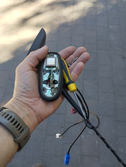 Rozmontowana antena samochodowa typu płetwa rekina z widoczną elektroniką i kablami