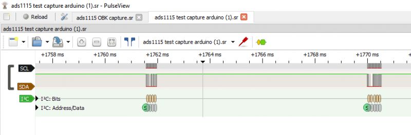 Captured I2C Transmission with ADS1115 in PulseView Screenshot showing a captured I2C transmission using ADS1115 in PulseView.