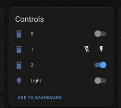 Device control panel in Home Assistant with buttons for toggling various functions.