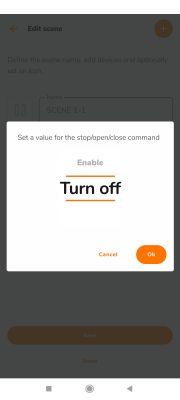 A pop-up dialog in an app's scene editing feature with the Turn off option selected.