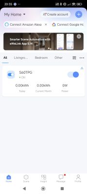 eWeLink App – S60TPG Plug Overview Screenshot of eWeLink app with S60TPG smart plug turned on, showing zero power usage.