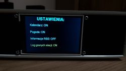 ESP32 display showing settings: Calendar ON, Weather ON, RSS OFF, Station log ON