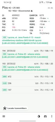 Ekraan aplikacji pokazujący parametry sygnału sieci LTE w miejscowości Łęczna.