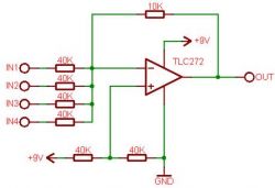 Schemat elektryczny wzmacniacza sumującego z opampem TLC272.