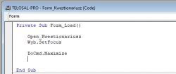 Widok kodu VBA z funkcją maksymalizacji formularza w TELOSAL-PRO