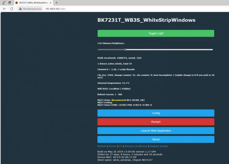 User interface of a web application for the BK7231T device.