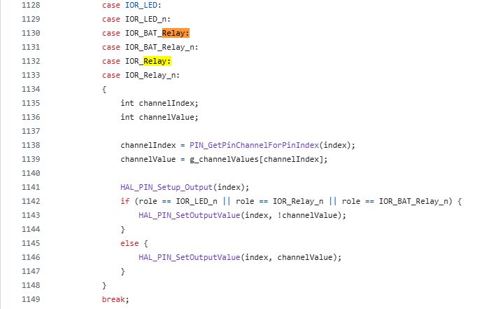 C code snippet handling pin roles for LEDs and relays with syntax highlighting
