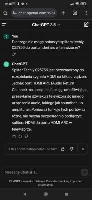 Zrzut ekranu z rozmowy z ChatGPT na temat problemu z podłączeniem splitera do portu HDMI ARC w telewizorze.