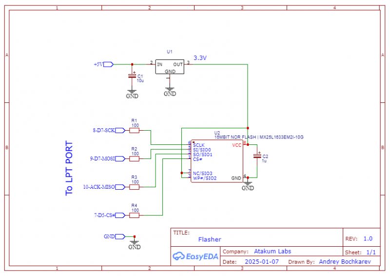 DOS-LPT programmer schematic with ICs and connections.