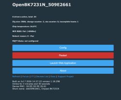 Status page for OpenBK7231N showing diagnostics and buttons: Config, Restart, Launch Web Application, About