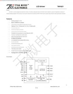 TM1621 LCD Driver Documentation Documentation page for the TM1621 LCD driver from Titan Micro Electronics.