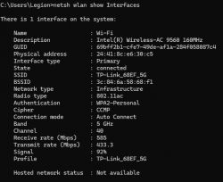 Zrzut ekranu wyników polecenia netsh wlan show interfaces z informacjami o połączeniu Wi-Fi.
