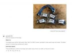 The image shows several blue USB cables next to five packaged in clear plastic bags with labels.