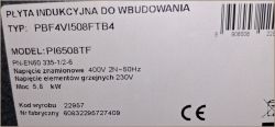 Tabliczka znamionowa płyty indukcyjnej do zabudowy Amica z informacjami technicznymi.