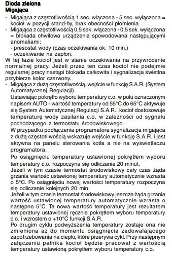 Tabela zawierająca opis sygnalizacji diody zielonej w kotle.