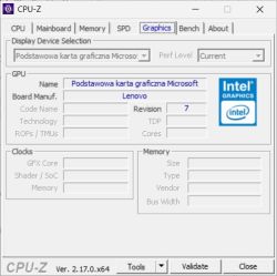 Zakładka Graphics programu CPU-Z pokazująca podstawową kartę graficzną Microsoft