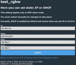 Network settings screen showing IP configuration for WiFi client mode.
