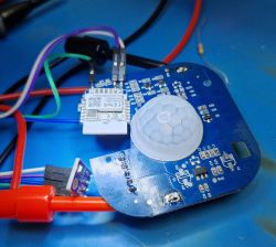 PIR Sensor with BME280 on Circuit Board Electronic circuit board with attached PIR sensor and BME280 module.