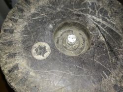 Zbliżenie na zużytą, zabrudzoną oś koła i śrubę mocującą w plastikowym kole kosiarki elektrycznej.