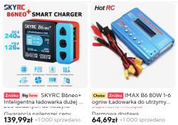 Dwie ładowarki do akumulatorów LiPo: SKYRC B6neo+ i IMAX B6 z kablami i złączami.