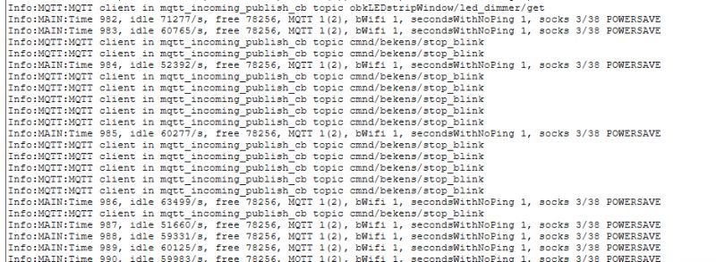 OpenBeken MQTT Log with Publications Screenshot of OpenBeken MQTT log showing incoming publications on the topic 'cmnd/bekens/stop_blink'.