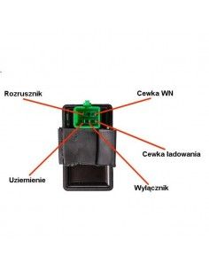 Schemat modułu elektrycznego z oznaczeniami przewodów: rozrusznik, cewka WN, cewka ładowania, uziemienie, wyłącznik.