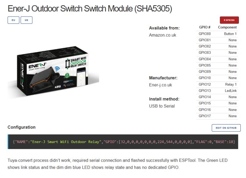 Ener-J SHA5305 WiFi relay switch module box with GPIO configuration details