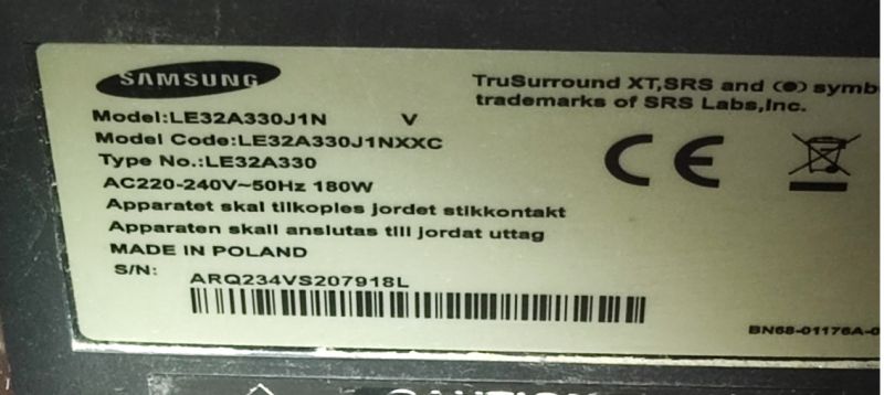 Nameplate of Samsung LE32A330J1N TV Nameplate of Samsung LE32A330J1N TV with technical information.