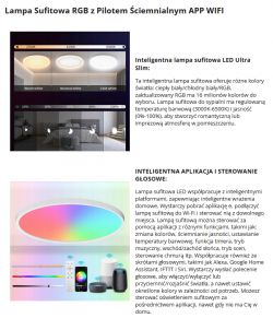 Smart LED ceiling light with color and brightness adjustment, controlled by app and voice command.