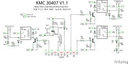 Circuit diagram of the KMC 30407 V1.1 device with components like diodes, resistors, and transistors.